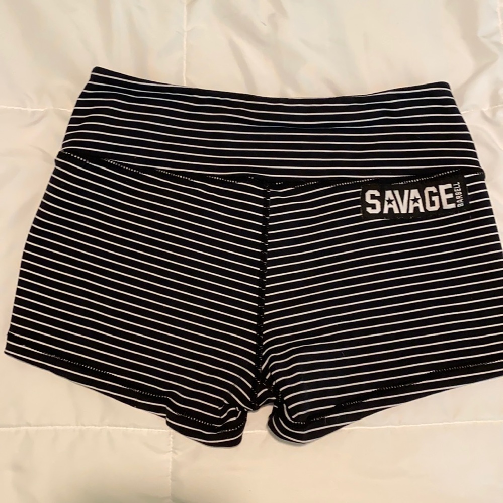 Savage Barbell Black and White Striped Athletic Shorts